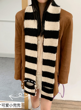 搭配尤物~日系羊毛混纺黑白条纹小围巾女冬季凹造型细长复古围脖