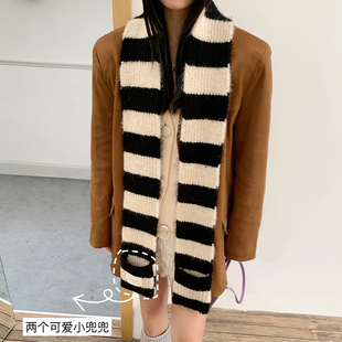 搭配尤物 凹造型细长复古围脖 日系羊毛混纺黑白条纹小围巾女冬季