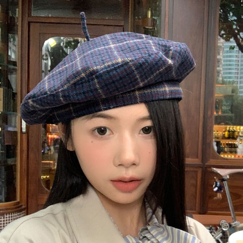 学院风英伦复古格子贝雷帽女冬季