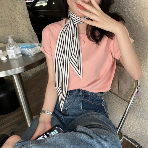 ins风仿真丝条纹丝巾女夏季发带