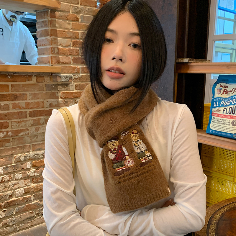 小熊围巾女秋冬针织卡通可爱