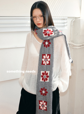 郑佰万100%纯羊毛围巾女2025年秋冬花朵针织防寒百搭毛线保暖围脖