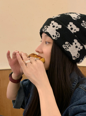 美式甜心！ins款可爱小熊针织帽子女秋冬保暖个性图案冷帽情侣潮