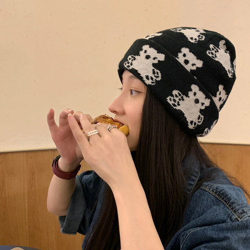 ins风小熊帽女针织毛线帽秋冷帽