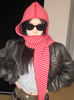 多种风格秋冬韩版条纹帽子围巾一体女保暖披肩围脖毛线针织帽连帽