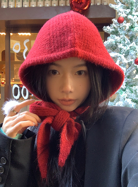 郑佰万~韩国ins新年小红帽女冬季保暖围脖一体针织巴拉克拉法帽潮