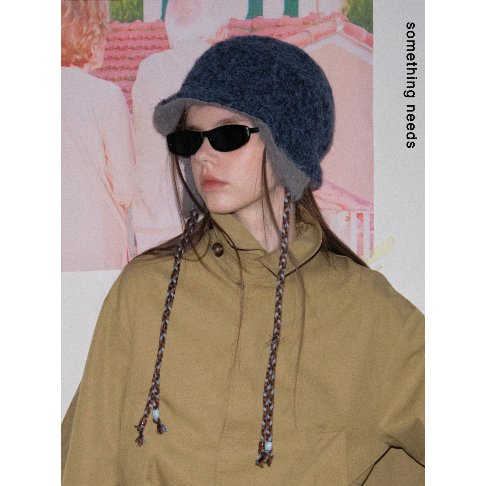 冬日新款自制编绳串珠毛呢护耳帽