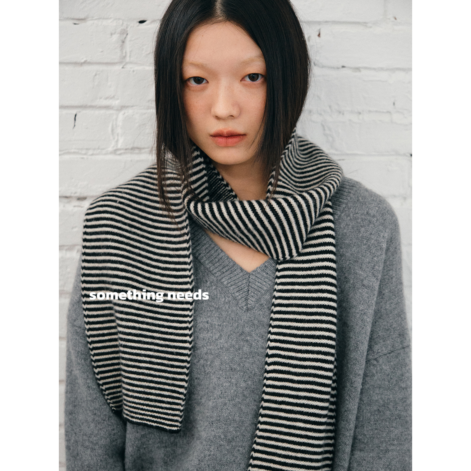 100%wool复古黑白条纹针织围巾