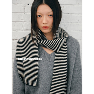 郑佰万 100%wool复古经典黑白条纹针织围巾女冬季百搭绵羊毛围脖