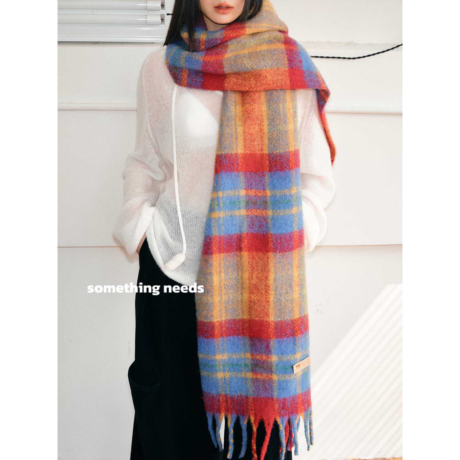 彩色格子围巾女冬季加厚马海毛
