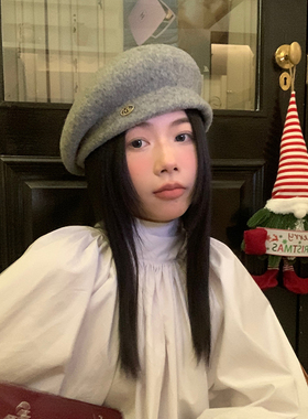 韩剧女主~澳洲羊毛贝雷帽女秋冬显脸小画家帽金属标设计立体百搭