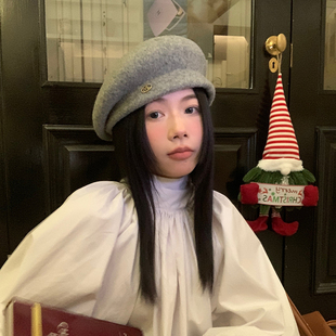 韩剧女主~澳洲羊毛贝雷帽女秋冬显脸小画家帽金属标设计立体百搭