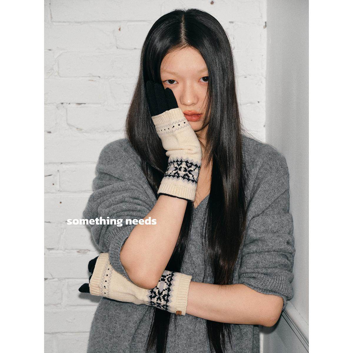 郑佰万 费尔岛风保暖针织手套可拆卸两用冬季护手分指可触屏手套