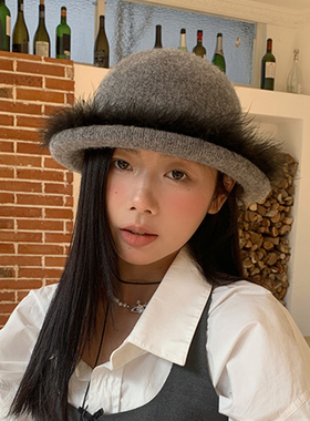 郑佰万~复古礼帽黑色羽毛渔夫帽女时髦凹造型显脸小爵士帽盆帽潮