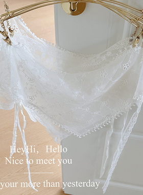 超仙气质蕾丝头巾女花朵丝巾法式白色甜美三角巾薄款透气飘带头绳