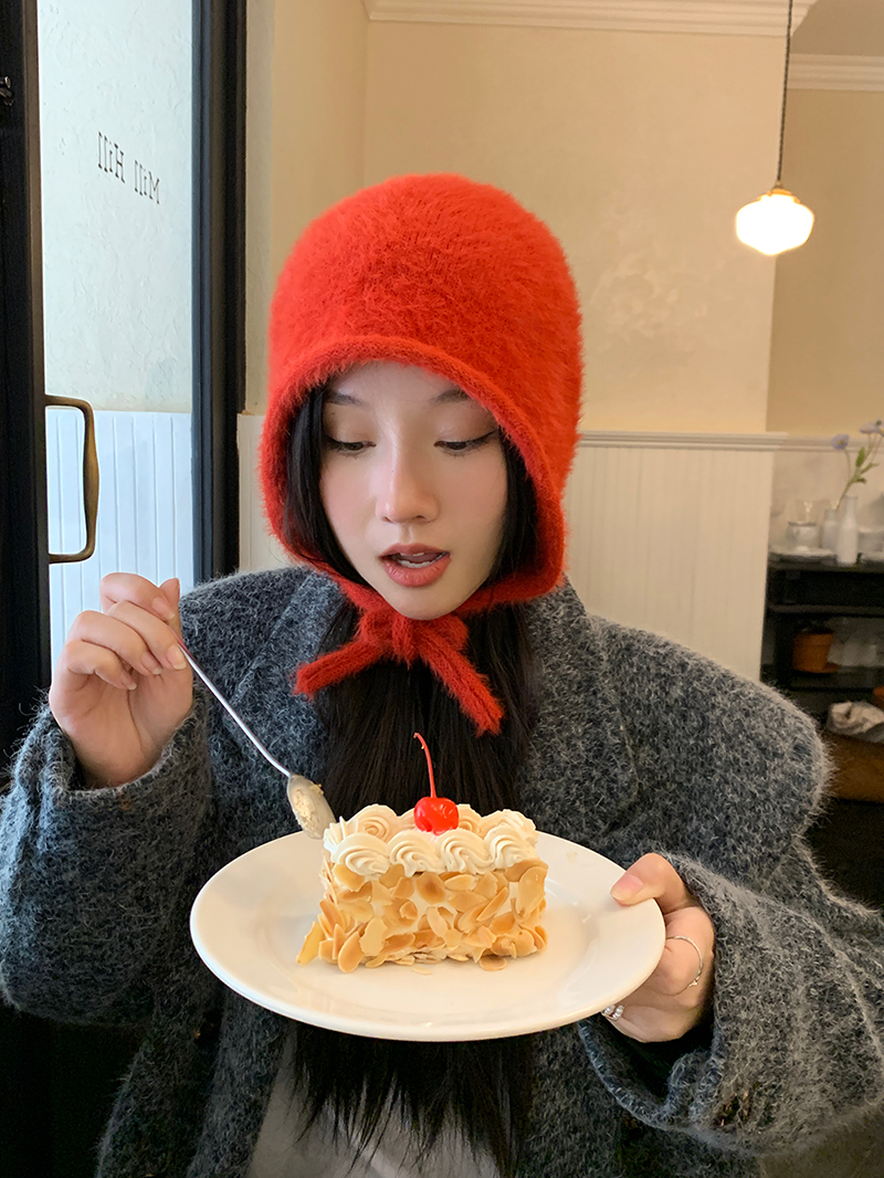 温柔秋冬系带针织毛线帽女显脸小