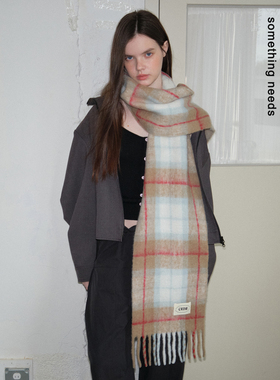 郑佰万 冬季含羊毛拼色格纹马海毛围脖氛围感柔软保暖围巾披肩女
