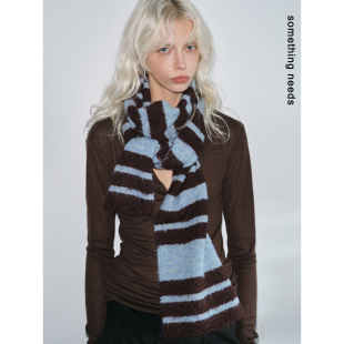 郑佰万 摩卡复古蓝棕条纹围巾女冬百搭个性时尚围脖经典保暖抗风