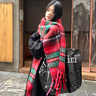 圣诞节~红绿格纹围巾女冬季加厚流苏韩系披肩保暖仿羊绒学生围脖