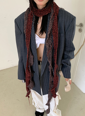 郑佰万~y2k小众设计不规则流苏编织细围巾女时尚双色搭配装饰围脖