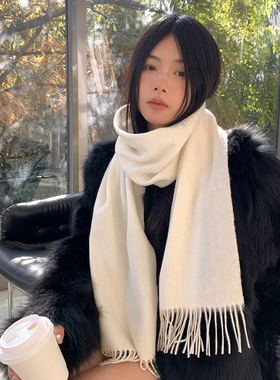 郑佰万~白色高品质100%纯羊毛流苏围巾女冬季保暖高档情侣款围脖