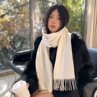 围脖 保暖高档情侣款 郑佰万 白色高品质100%纯羊毛流苏围巾女冬季
