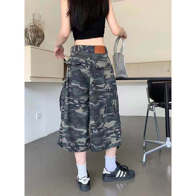 美式复古微喇叭迷彩工装裤男女夏季新款休闲七分牛仔裤子高街vibe