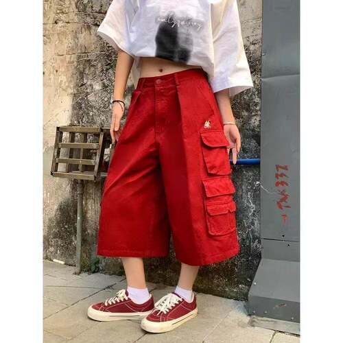 红色多口袋阔腿工装裤女2026新款夏季宽松直筒七分裤中裤休闲裤女