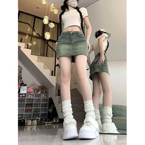 做旧复古牛仔半身裙包臀裙女26夏辣妹高腰百搭小个子短裙裙裤牛仔