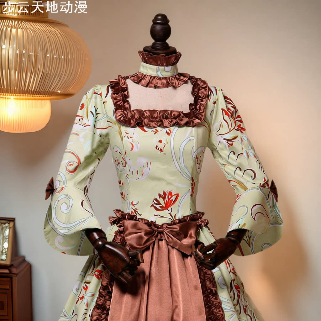 欧美长袖印花宫廷复古晚礼服大喇叭袖连衣裙拼接礼服/晚装