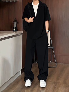 夏老钱风上衣裤 男生海边穿搭套装 子两件套 衬衫 黑色假两件冰丝短袖