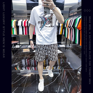 套装 短裤 男潮牌帅气2025夏季 新款 一套搭配 欧洲站刺绣时尚 男士 短袖