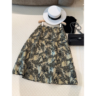 法式优雅千金风重工钉珠金色半裙