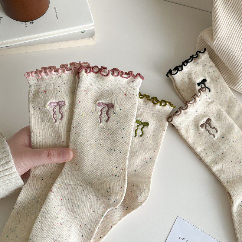 春秋袜子女学生日系花边蝴蝶结点子中筒袜ins潮流外穿百搭堆堆袜