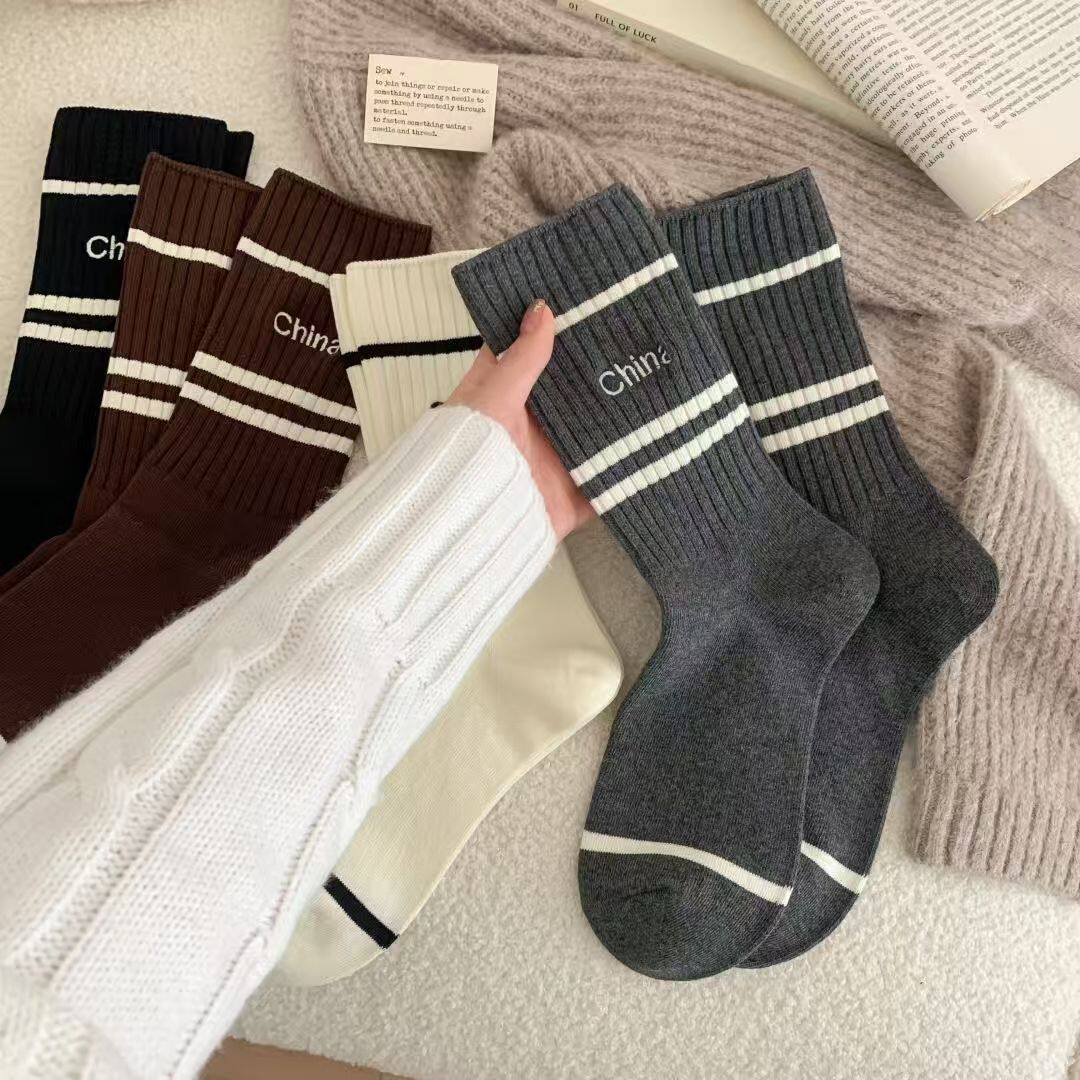 袜子女中筒春秋袜ins潮网红外穿长袜森系条纹运动中筒袜外穿百搭