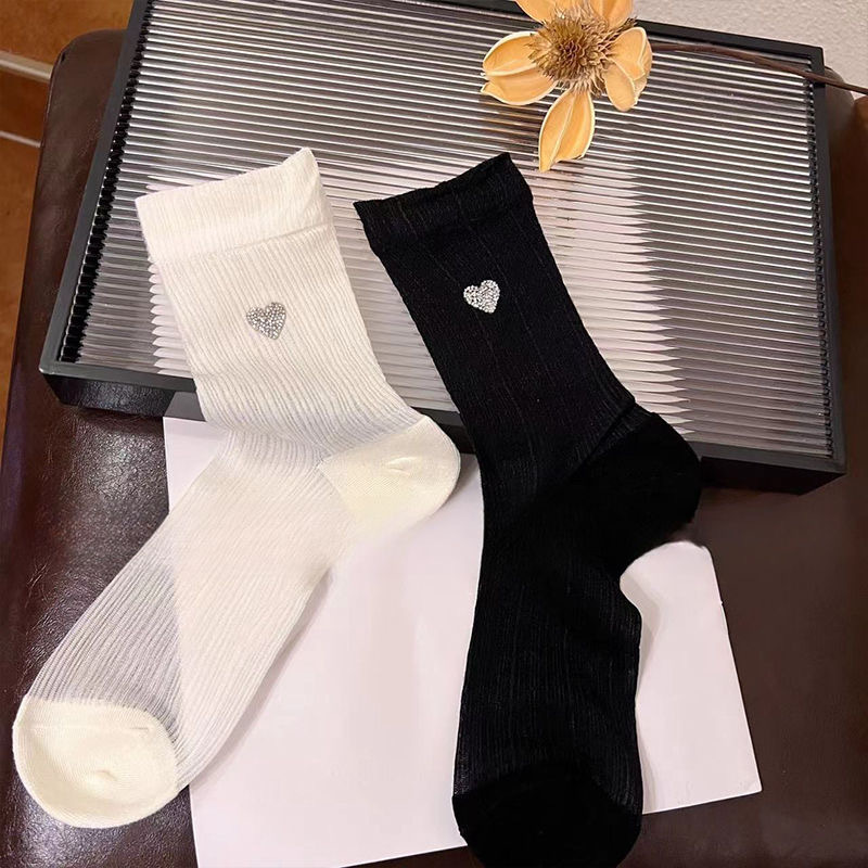 袜子女韩版烫钻镂空夏季薄款网红款中筒袜INS潮烫印爱心网眼