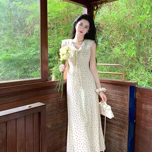 凌茜恣禾 初恋'娃娃领波点连衣裙女夏法式蝴蝶结无袖背心大摆长裙