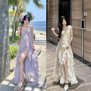超仙荷叶边网纱吊带连衣裙女夏季度假长裙仙女裙