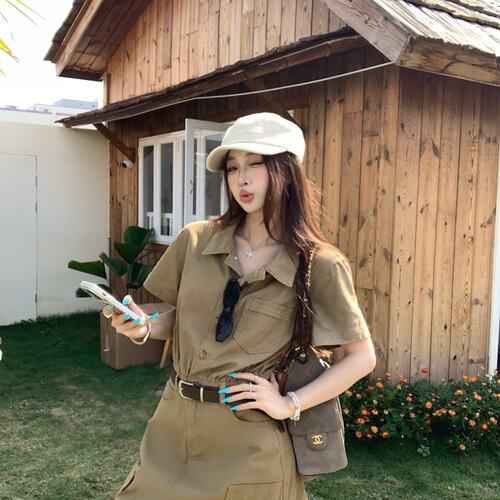 实拍 复古短款辣妹工装卡其牛仔收腰短袖美式小裙子