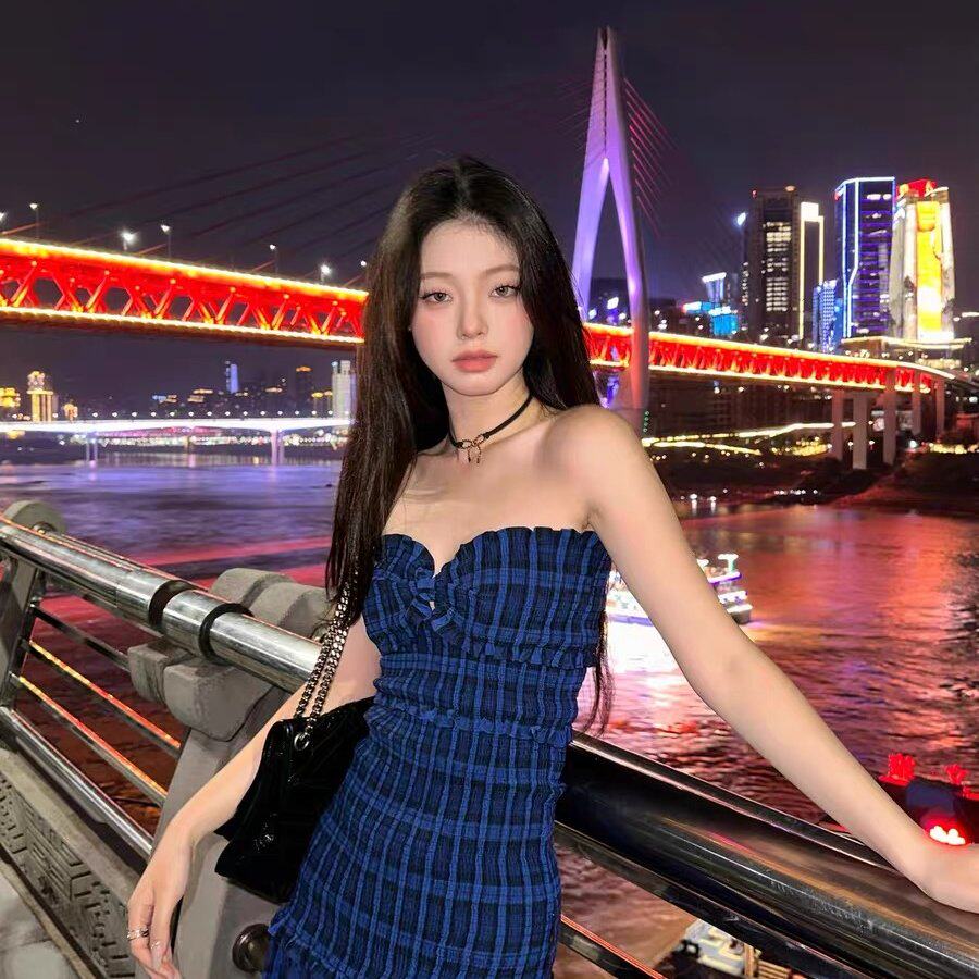韩风抹胸性感辣妹风演唱会裙子纯欲风开叉连衣裙格子裙长裙
