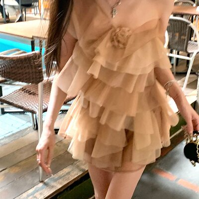 Barb Chill雾纱奶杏海边度假连衣裙蛋糕裙女夏季公主裙生日裙