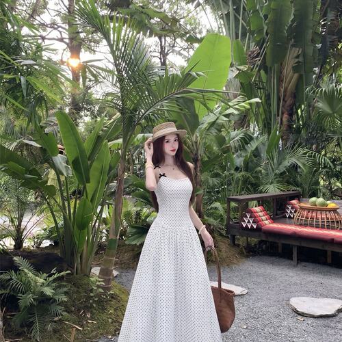 实拍~复古经典黑白小波点吊带蝴蝶结连衣裙