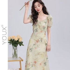 又巷森林低语碎花连衣裙女2026夏新款小众温柔感荷叶花边长裙