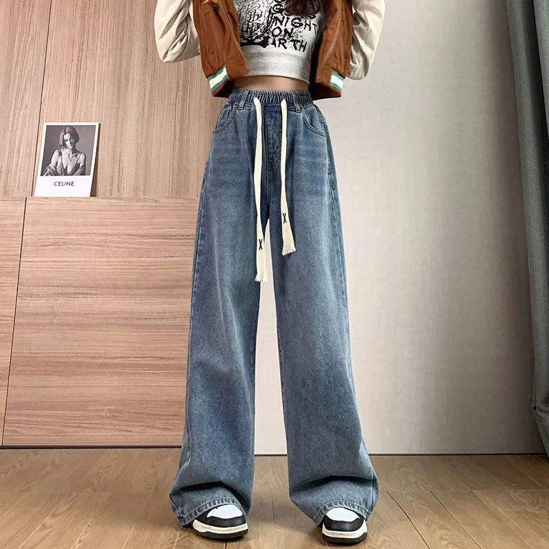 春夏款高腰阔腿拖地长裤女显瘦百搭韩版学生松紧腰抽绳牛仔裤大码