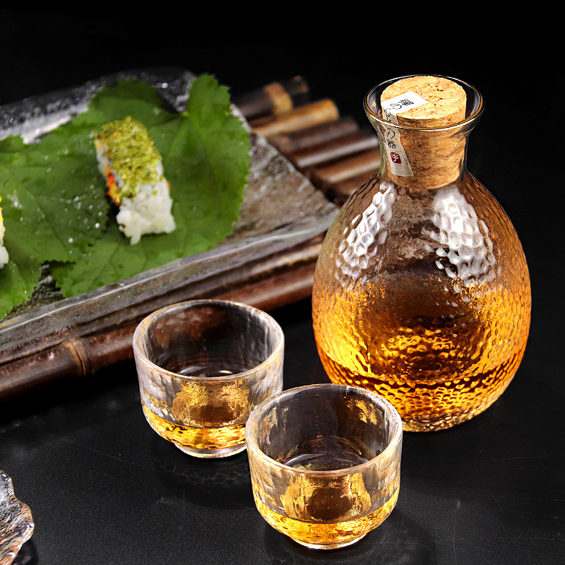 送客户日式清酒壶创意一壶四杯透明白酒酒具玻璃锤目纹温酒壶赠品