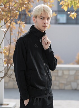 阿迪达斯黑色外套男春季新款立领宽松大码三条纹夹克TR30JT-BB