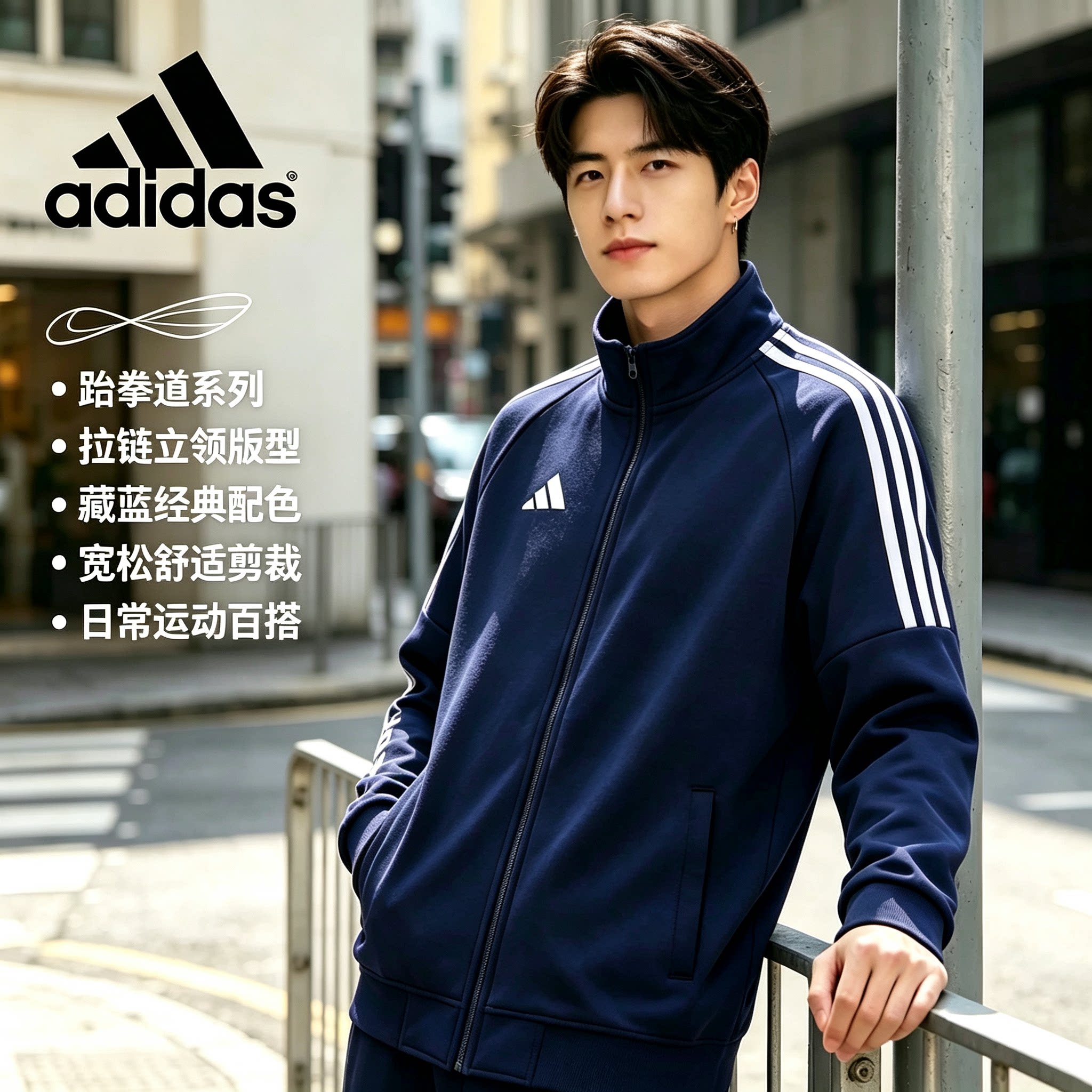 Adidas阿迪达斯2026秋季蓝色夹克休闲运动经典三条杠春秋立领外套
