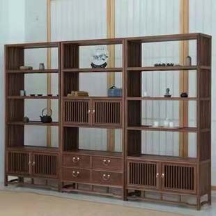 简约博古架仿古实木书架书柜展架茶叶展示柜老榆木置物架子 新中式