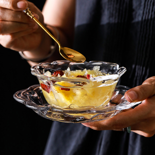 法式浮雕玫瑰花玻璃碗盘无铅透明下午茶甜品碗盘子轻奢燕窝碗套装