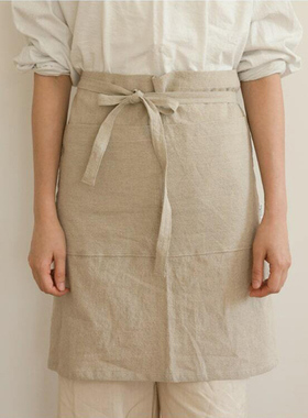 日系文艺复古棉麻半身围裙工作室咖啡店花艺画室工作服小围兜森系